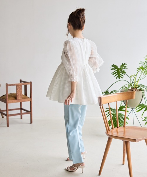 BIRTHDAY BASH（バースデイバッシュ）の「SHEER CHECK PEPLUM TOPS（シアーチェックぺプラムトップス）（シャツ/ブラウス・レディース・ホワイト/イエロー・FREE）」の3枚目の写真