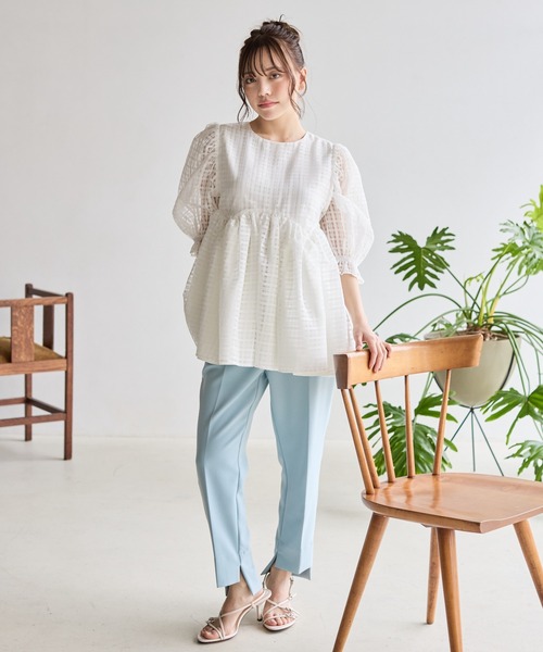 BIRTHDAY BASH（バースデイバッシュ）の「SHEER CHECK PEPLUM TOPS（シアーチェックぺプラムトップス）（シャツ/ブラウス・レディース・ホワイト/イエロー・FREE）」の4枚目の写真