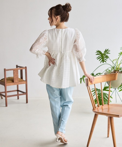 BIRTHDAY BASH（バースデイバッシュ）の「SHEER CHECK PEPLUM TOPS（シアーチェックぺプラムトップス）（シャツ/ブラウス・レディース・ホワイト/イエロー・FREE）」の9枚目の写真