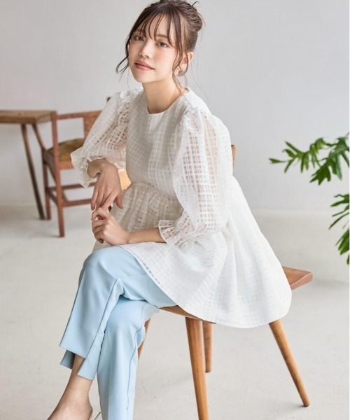 BIRTHDAY BASH（バースデイバッシュ）の「SHEER CHECK PEPLUM TOPS（シアーチェックぺプラムトップス）（シャツ/ブラウス・レディース・ホワイト/イエロー・FREE）」の5枚目の写真