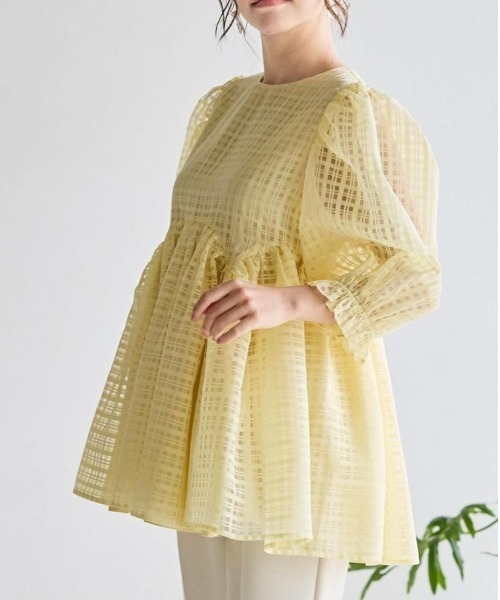 BIRTHDAY BASH（バースデイバッシュ）の「SHEER CHECK PEPLUM TOPS（シアーチェックぺプラムトップス）（シャツ/ブラウス・レディース・ホワイト/イエロー・FREE）」の6枚目の写真
