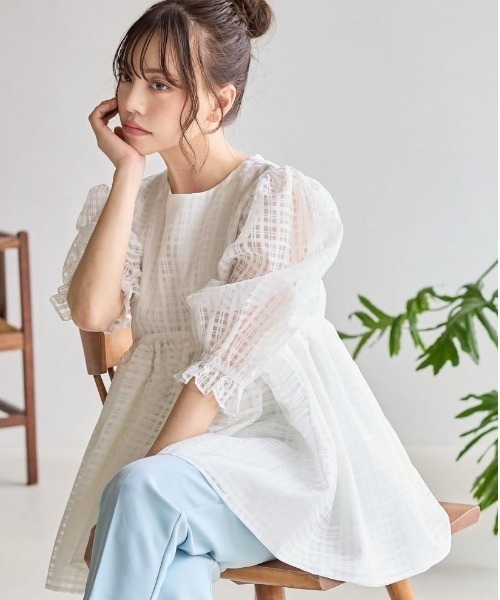 BIRTHDAY BASH（バースデイバッシュ）の「SHEER CHECK PEPLUM TOPS（シアーチェックぺプラムトップス）（シャツ/ブラウス・レディース・ホワイト/イエロー・FREE）」の10枚目の写真