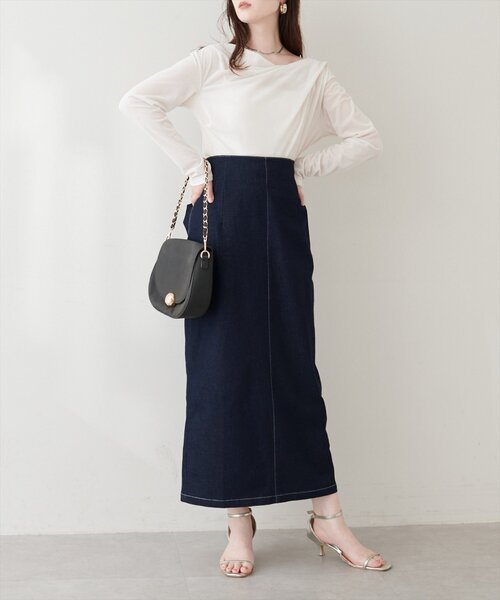natural couture(ナチュラルクチュール)の「バックリボンストレッチスカート(デニムスカート・レディース・ブルー/インディゴブルー/ブラック・FREE)」の4枚目の写真