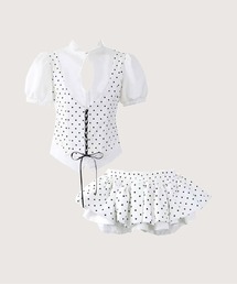 Ivory Polka Lace Up Flare Skirt Set Up