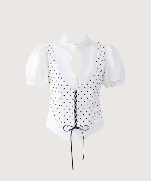 LA POMME petit（ラポミ・プチ）の「Ivory Polka Lace Up Flare Skirt Set Up（セットアップ・レディース・ホワイト・SMALL/LARGE/MEDIUM）」の2枚目の写真