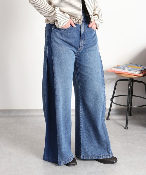 cepo(セポ)の「サイドWタックバギーフレアデニムパンツ(デニムパンツ・レディース・ブラック/ブルー系1/ワンウォッシュ・S/L/M)」の1枚目の写真