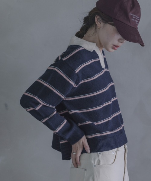 URBAN RESEARCH Sonny Label(アーバンリサーチサニーレーベル)の「ウールブレンドボーダーニットポロシャツ(ニット/セーター・レディース・グレー/ネイビー/バーガンディー・FREE)」の2枚目の写真