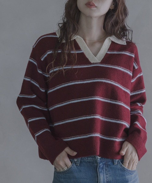 URBAN RESEARCH Sonny Label(アーバンリサーチサニーレーベル)の「ウールブレンドボーダーニットポロシャツ(ニット/セーター・レディース・グレー/ネイビー/バーガンディー・FREE)」の3枚目の写真