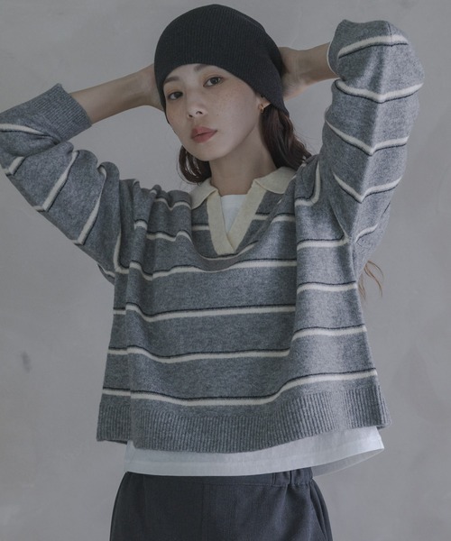 URBAN RESEARCH Sonny Label(アーバンリサーチサニーレーベル)の「ウールブレンドボーダーニットポロシャツ(ニット/セーター・レディース・グレー/ネイビー/バーガンディー・FREE)」の1枚目の写真
