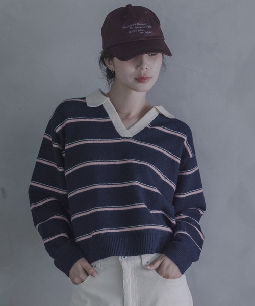 URBAN RESEARCH Sonny Label(アーバンリサーチサニーレーベル)の「ウールブレンドボーダーニットポロシャツ(ニット/セーター・レディース・グレー/ネイビー/バーガンディー・FREE)」の4枚目の写真
