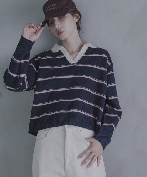 URBAN RESEARCH Sonny Label(アーバンリサーチサニーレーベル)の「ウールブレンドボーダーニットポロシャツ(ニット/セーター・レディース・グレー/ネイビー/バーガンディー・FREE)」の7枚目の写真