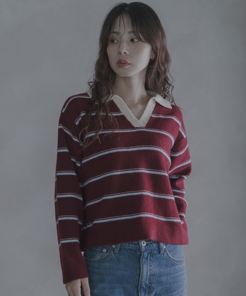 URBAN RESEARCH Sonny Label(アーバンリサーチサニーレーベル)の「ウールブレンドボーダーニットポロシャツ(ニット/セーター・レディース・グレー/ネイビー/バーガンディー・FREE)」の13枚目の写真