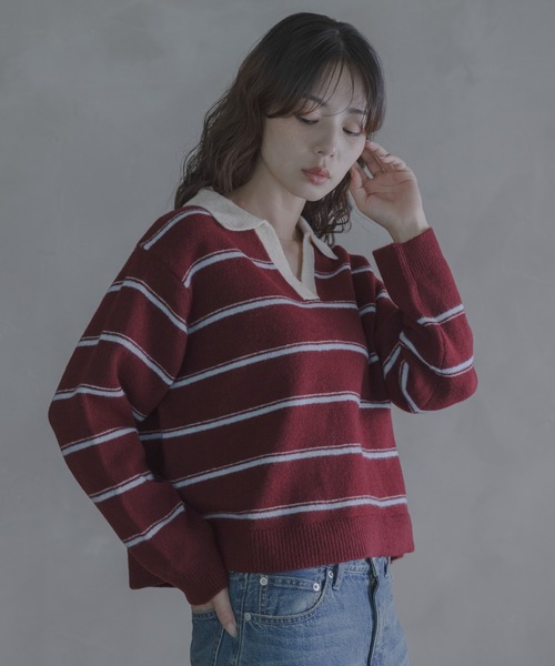 URBAN RESEARCH Sonny Label(アーバンリサーチサニーレーベル)の「ウールブレンドボーダーニットポロシャツ(ニット/セーター・レディース・グレー/ネイビー/バーガンディー・FREE)」の15枚目の写真