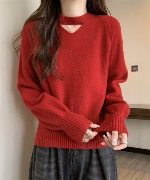 Beststore(ベストストア)の「2WAY デコルテオープンがこなれ感を演出!配色ボタン&チョーカー風ハイネックニットトップス 秋冬(ニット/セーター・レディース・パープル/オフホワイト/ブラック/レッド/マスタード/ベージュ・FREE)」の6枚目の写真