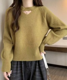 2WAY デコルテオープンがこなれ感を演出！配色ボタン＆チョーカー風ハイネックニットトップス 秋冬