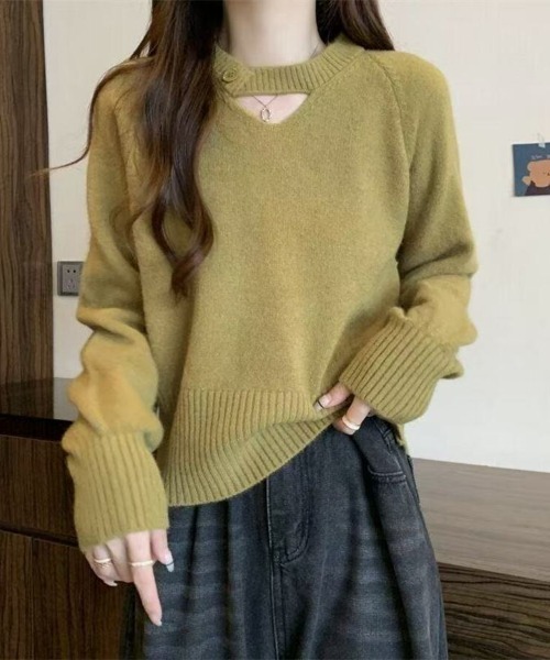 Beststore(ベストストア)の「2WAY デコルテオープンがこなれ感を演出!配色ボタン&チョーカー風ハイネックニットトップス 秋冬(ニット/セーター・レディース・パープル/オフホワイト/ブラック/レッド/マスタード/ベージュ・FREE)」の20枚目の写真
