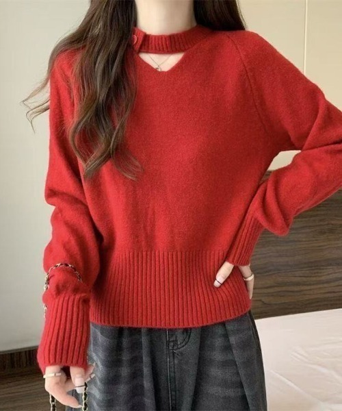 Beststore(ベストストア)の「2WAY デコルテオープンがこなれ感を演出!配色ボタン&チョーカー風ハイネックニットトップス 秋冬(ニット/セーター・レディース・パープル/オフホワイト/ブラック/レッド/マスタード/ベージュ・FREE)」の22枚目の写真
