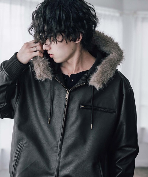 Rocky Monroe(ロッキーモンロー)の「オーバーサイズ PUレザー/フェイクスエード ファー付きダブルジップフードブルゾン N-2Bフライトジャケット(ブルゾン・メンズ・ブラウン/ブラウン系/ブラック/ブラック系・L/XL/M)」の1枚目の写真