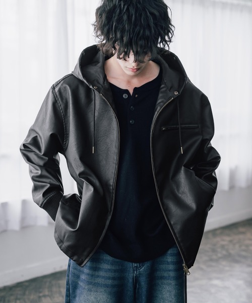 Rocky Monroe(ロッキーモンロー)の「オーバーサイズ PUレザー/フェイクスエード ファー付きダブルジップフードブルゾン N-2Bフライトジャケット(ブルゾン・メンズ・ブラウン/ブラウン系/ブラック/ブラック系・L/XL/M)」の8枚目の写真