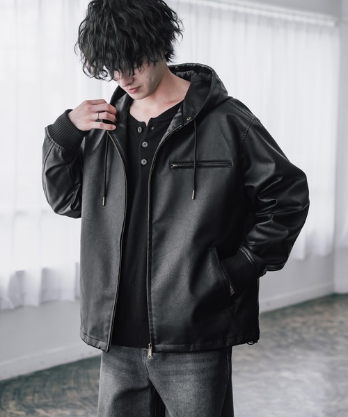 Rocky Monroe(ロッキーモンロー)の「オーバーサイズ PUレザー/フェイクスエード ファー付きダブルジップフードブルゾン N-2Bフライトジャケット(ブルゾン・メンズ・ブラウン/ブラウン系/ブラック/ブラック系・L/XL/M)」の9枚目の写真