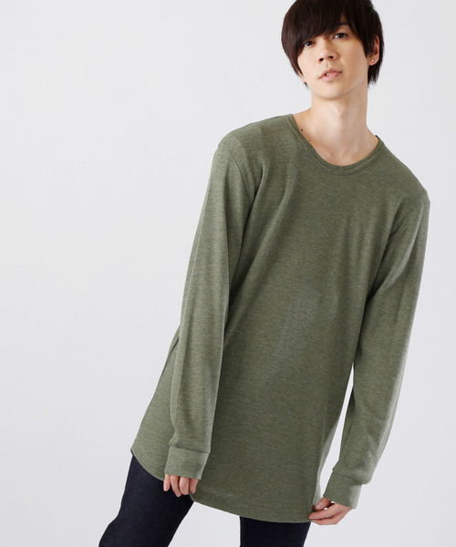 MONO-MART（モノマート）の「ワッフルロング丈 Uネックプルオーバーカットソー/ロングスリーブ（Tシャツ/カットソー・メンズ・カーキ/オートミール/ブラック/グレー/チャコール・L/M）」の5枚目の写真