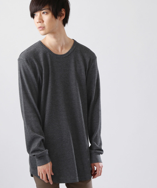 MONO-MART（モノマート）の「ワッフルロング丈 Uネックプルオーバーカットソー/ロングスリーブ（Tシャツ/カットソー・メンズ・カーキ/オートミール/ブラック/グレー/チャコール・L/M）」の3枚目の写真