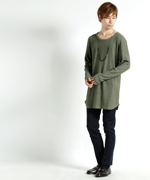 MONO-MART（モノマート）の「ワッフルロング丈 Uネックプルオーバーカットソー/ロングスリーブ（Tシャツ/カットソー・メンズ・カーキ/オートミール/ブラック/グレー/チャコール・L/M）」の14枚目の写真