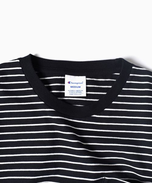 Champion（チャンピオン）の「Champion×SHIPS: 別注 ウォッシュドコットン ドロップテイル ボーダー Tシャツ□（Tシャツ/カットソー・メンズ・ネイビー/ブラック×ホワイト/ホワイト×ネイビー/グレー×ホワイト・SMALL/MEDIUM/LARGE）」の6枚目の写真