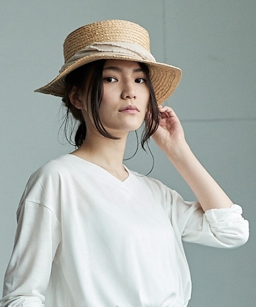 AMERICAN HOLIC（アメリカンホリック）の「ラフィアブレードカンカン帽（ハット・レディース・ブラック/オレンジ/アイボリー/グレー・FREE）」の2枚目の写真