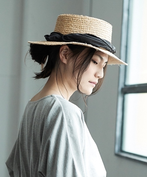 AMERICAN HOLIC（アメリカンホリック）の「ラフィアブレードカンカン帽（ハット・レディース・ブラック/オレンジ/アイボリー/グレー・FREE）」の3枚目の写真