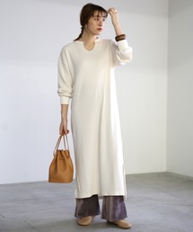 select MOCA | ワッフルキーネックワンピース/長袖スリットデザインロング丈ワンピース(ワンピース)