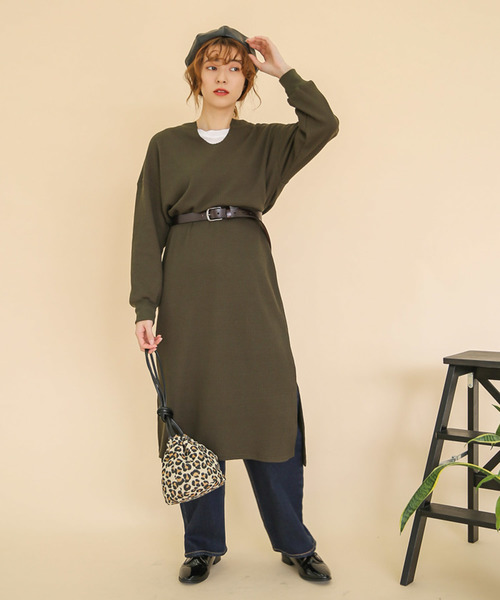 select MOCA（セレクトモカ）の「ワッフルキーネックワンピース/長袖スリットデザインロング丈ワンピース（ワンピース・レディース・ブラック/ブラウン/カーキ/アイボリー・FREE）」の9枚目の写真