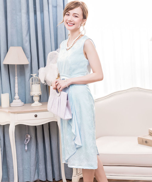 DRESS STAR(ドレス スター)の「結婚式ワンピースダイヤ柄サイドフリルノースリーブワンピース(ドレス・レディース・ライトブルー/ネイビー/ピンク・S/M/L/XL/XXL)」の22枚目の写真