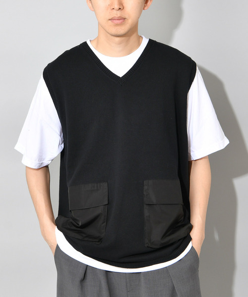 WHO'S WHO gallery（フーズフーギャラリー）の「ポケ切替コットンニットベスト /無地/切替/Vネック/ビッグベスト（ベスト・メンズ・ブラック/ホワイト/ブラウン・FREE）」の2枚目の写真