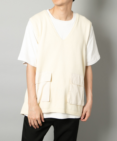 WHO'S WHO gallery（フーズフーギャラリー）の「ポケ切替コットンニットベスト /無地/切替/Vネック/ビッグベスト（ベスト・メンズ・ブラック/ホワイト/ブラウン・FREE）」の12枚目の写真