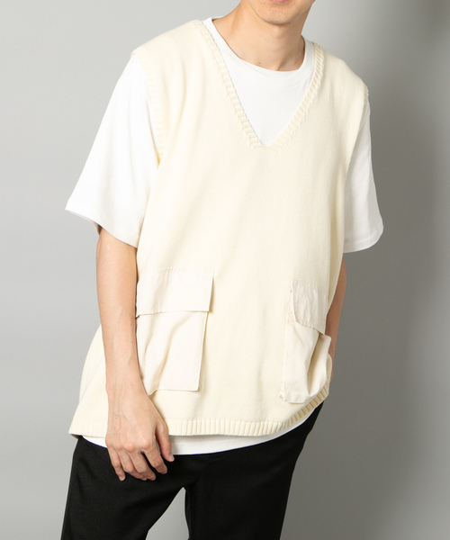 WHO'S WHO gallery（フーズフーギャラリー）の「ポケ切替コットンニットベスト /無地/切替/Vネック/ビッグベスト（ベスト・メンズ・ブラック/ホワイト/ブラウン・FREE）」の15枚目の写真