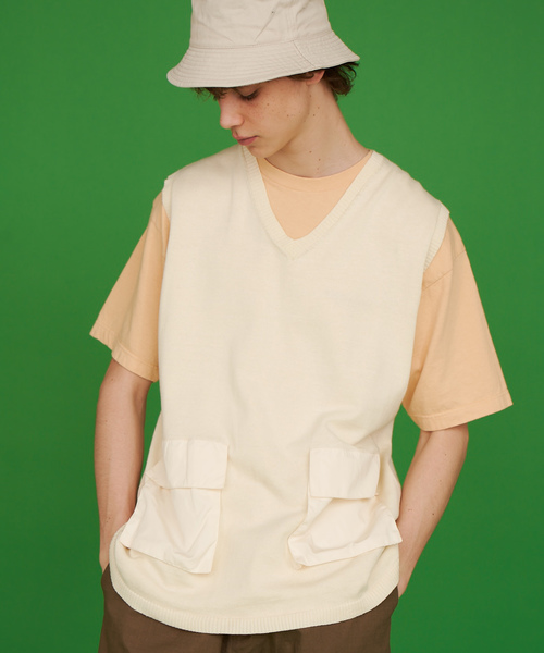 WHO'S WHO gallery（フーズフーギャラリー）の「ポケ切替コットンニットベスト /無地/切替/Vネック/ビッグベスト（ベスト・メンズ・ブラック/ホワイト/ブラウン・FREE）」の14枚目の写真