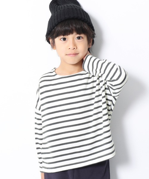devirock（デビロック）の「ゆるっとボーダー長袖Tシャツ（Tシャツ/カットソー・キッズ・ブラック/チャコール/オリーブ/ラベンダー/ワイン/ベージュ/ネイビー/グリーン系その他・100cm/110cm/120cm/130cm/140cm/150cm/160cm）」の2枚目の写真