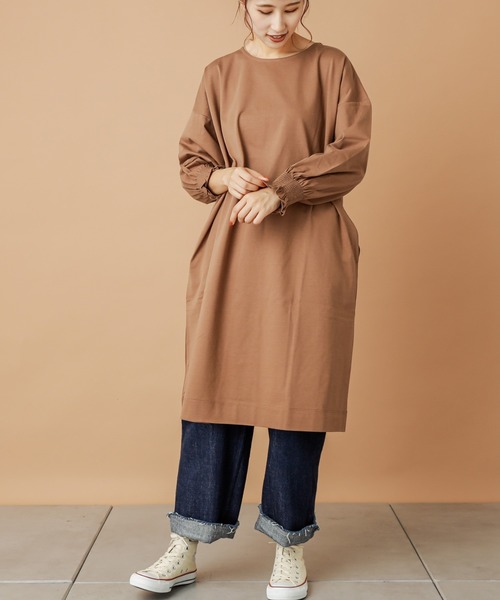 PUAL CE CIN（ピュアルセシン）の「【cotton100％】シャーリング袖チュニック（Tシャツ/カットソー・レディース・ブラウン/ブラック/ピンク/グレー/グレイッシュベージュ・FREE）」の8枚目の写真