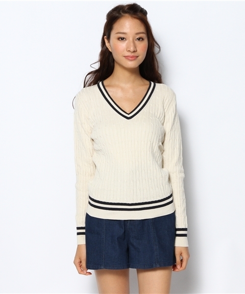 CIAOPANIC（チャオパニック）の「【Ciaopanic】チルデンVネック（ニット/セーター・レディース・ネイビー/オフホワイト・FREE）」の3枚目の写真