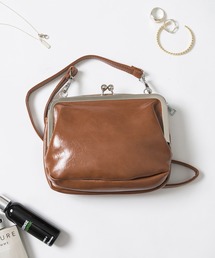 がま口ギャザーショルダー ブラウン 茶色 クラッチ ショルダーバッグ ブラウン レースレディース Lace Ladies レザー調ラウンドショルダーバッグ