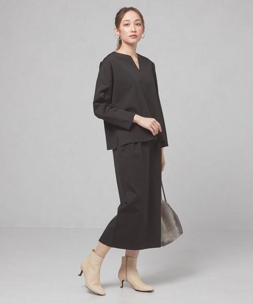closet story(クローゼットストーリー)の「【WEB限定】<closet story>キーネックカットソー&タイトスカート セットアップ/ワンピース -ウォッシャブル-(ワンピース・レディース・ブラック/ベージュ・FREE)」の1枚目の写真