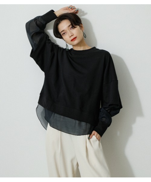 AZUL by moussy（アズールバイマウジー）の「SHEER LAYERED TOPS/シアーレイヤードトップス（シャツ/ブラウス・レディース・ブラック/アイボリー/ミント・FREE）」の6枚目の写真