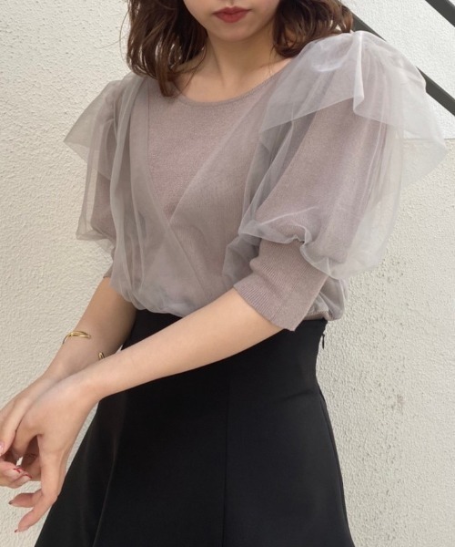 one after another NICE CLAUP(ワンアフターアナザーナイスクラップ)の「チュールドッキング半袖トップス(ニット/セーター・レディース・オフホワイト/ミント/モカ・FREE)」の2枚目の写真