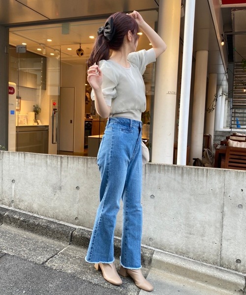 one after another NICE CLAUP(ワンアフターアナザーナイスクラップ)の「チュールドッキング半袖トップス(ニット/セーター・レディース・オフホワイト/ミント/モカ・FREE)」の4枚目の写真