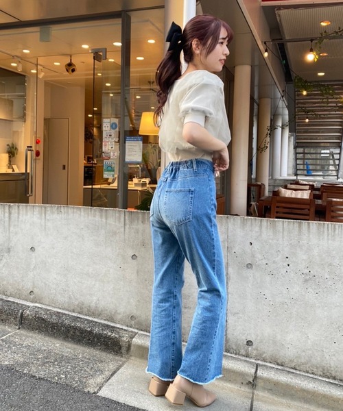 one after another NICE CLAUP(ワンアフターアナザーナイスクラップ)の「チュールドッキング半袖トップス(ニット/セーター・レディース・オフホワイト/ミント/モカ・FREE)」の6枚目の写真