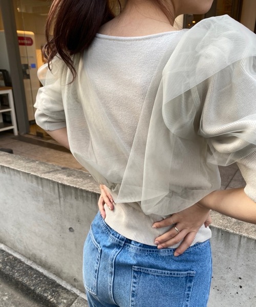 one after another NICE CLAUP(ワンアフターアナザーナイスクラップ)の「チュールドッキング半袖トップス(ニット/セーター・レディース・オフホワイト/ミント/モカ・FREE)」の8枚目の写真