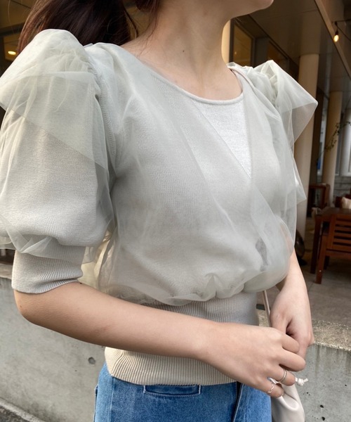 one after another NICE CLAUP(ワンアフターアナザーナイスクラップ)の「チュールドッキング半袖トップス(ニット/セーター・レディース・オフホワイト/ミント/モカ・FREE)」の9枚目の写真