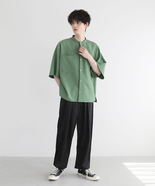 ✨まとめ売り✨ビアズリー　ドルマン袖リブシャツ　バンドカラー　グリーン 24SS✨美品 ビアズリー ドルマン袖リブシャツ バンドカラー グリーン
