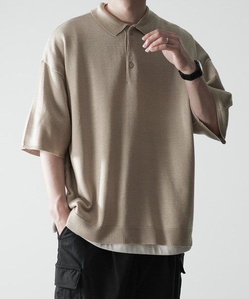 boohoo 人気 コントラスト ニット×ポロ 長袖ポロシャツ セール】 モノグラムジャカードコットンニットポロシャツ